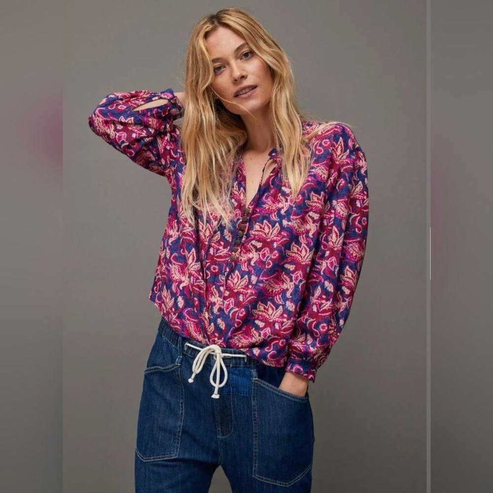 Pilcro Anthropologie Lucille Floral Button Front Tie Peasant Blouse